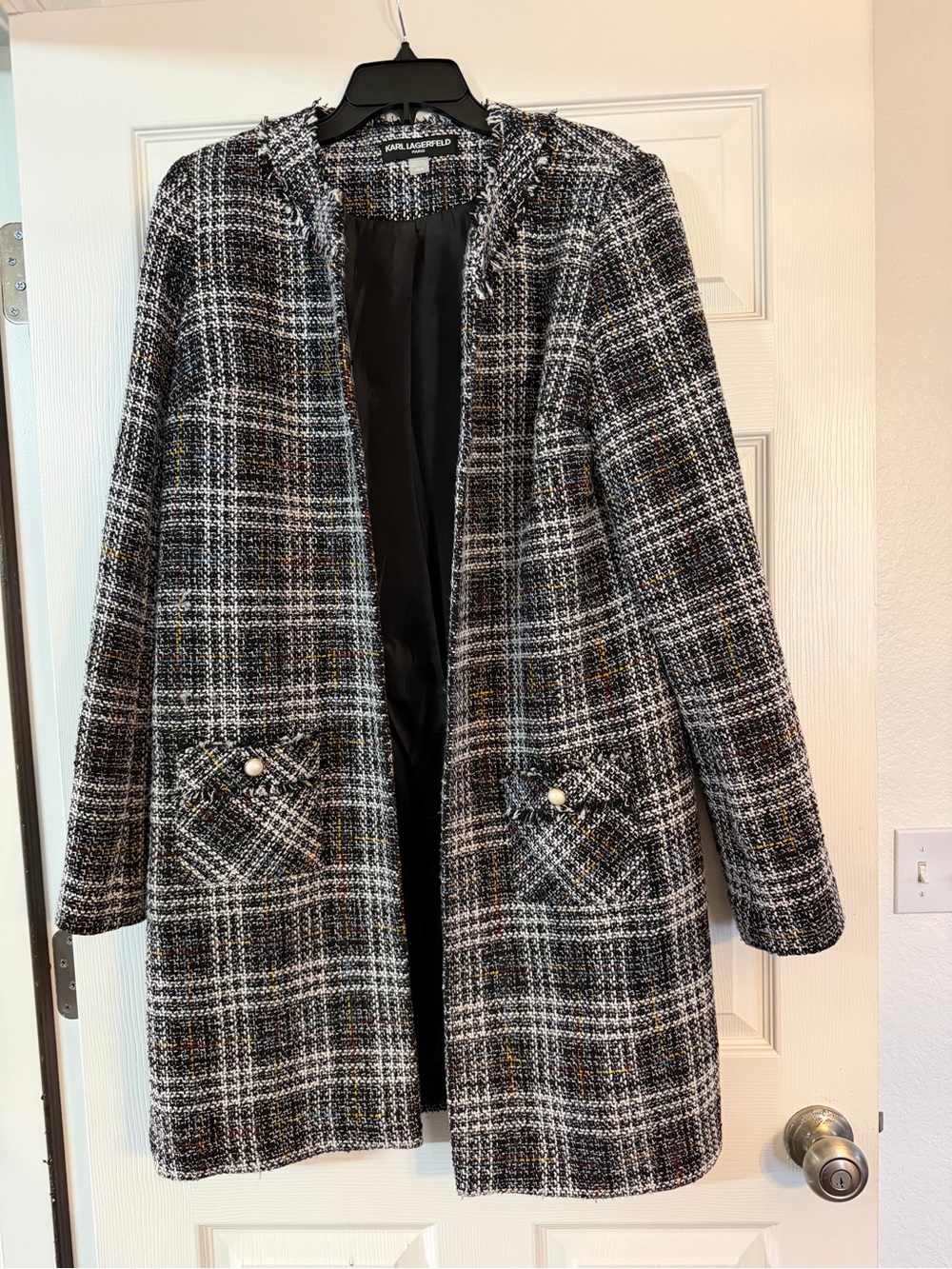 Karl Lagerfeld Black and White Plaid Tweed Coat with Pearl Pocket Buttons